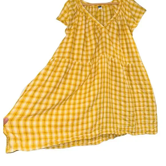 Old Navy Flounce Sleeve Yellow Plaid Mini Swing Dress Women Sz 3X Cotton Cottage - Picture 4 of 11